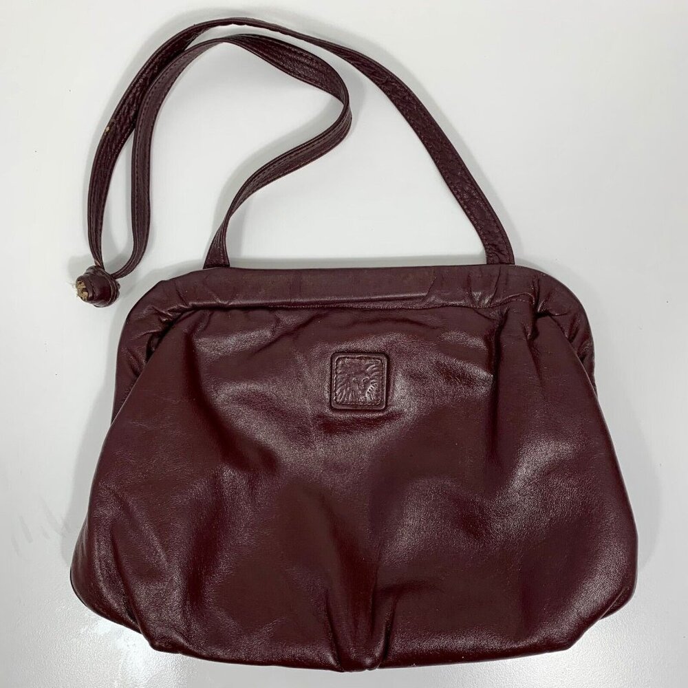 80s ANNE KLEIN for CALDERON Oxblood Red Leather FRAME Purse Shoulder Handbag VTG